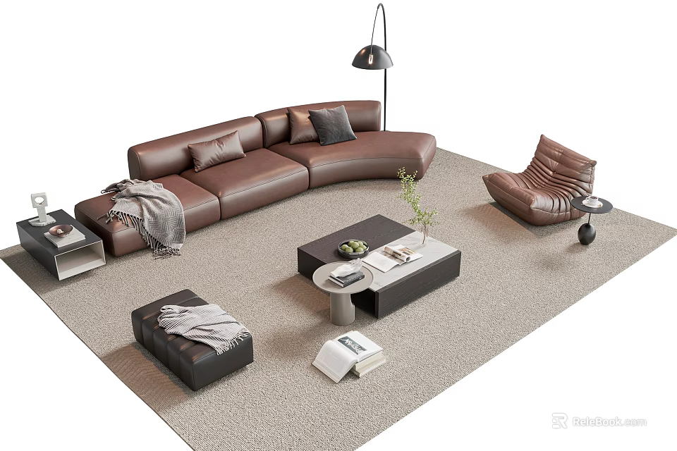 Brown Leather L Shaped Sofa and Coffee Table with Accent Chair Floor Lamp Rug 3d model 