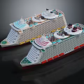 Two Detailed Cruise Ship Models With Colorful Decks And Structures
