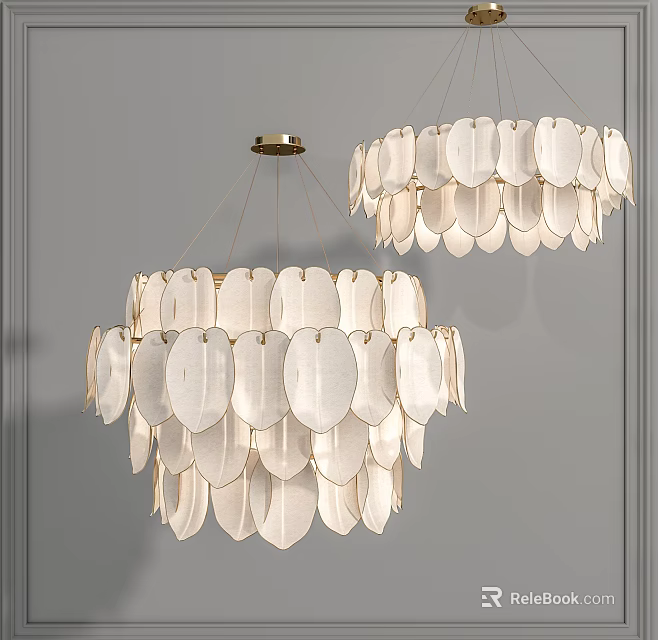 White Leaf Shaped Chandeliers with Golden Metal Frames Against Gray Wall Interior Design 3d model 