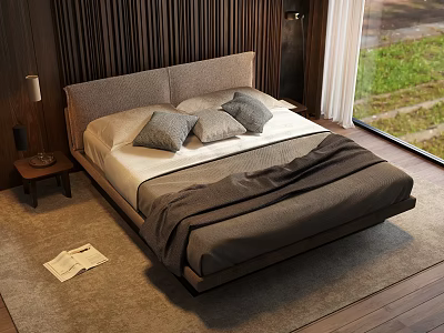 Modern Bedroom Elegant Double Bed With Wooden Wall Gray Blanket Pillows Rug And Grass View 3d model