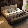 Modern Bedroom Elegant Double Bed With Wooden Wall Gray Blanket Pillows Rug And Grass View