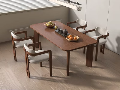 Modern Wooden Dining Table With Upholstered Chairs And Fruit Bowls In Bright Room 3d model