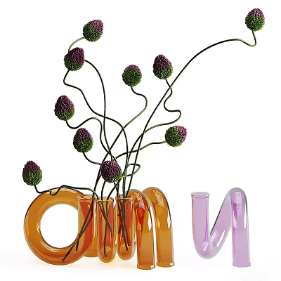 Decorative Orange And Purple Glass Vases With Purple Spherical Flowers And Curved Stems 3d model