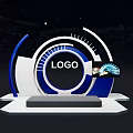 Blue And White Circular Display Shelf With Central LOGO Small Screen And Dark Starry Background 3d model