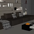 Modern Sectional Sofa With Pillows And Throw Blanket In Cozy Living Room With Bookshelves