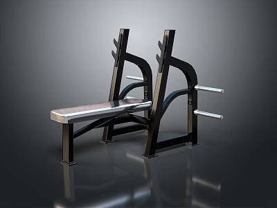 Sturdy Home Workout Weight Bench With Black Frame Silver Seat And Barbell Bar 3d model