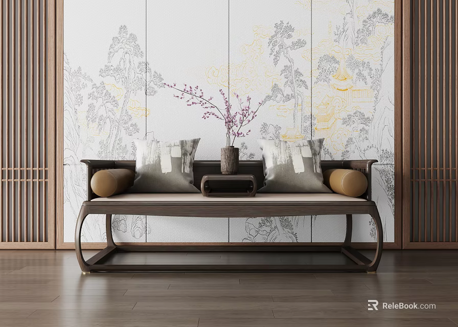 Traditional Chinese Luohan Bed Interior With Wooden Frame Decorative Pillows And Landscape Mural 3d model 
