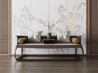 Traditional Chinese Luohan Bed Interior With Wooden Frame Decorative Pillows And Landscape Mural 3d model