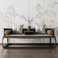 Traditional Chinese Luohan Bed Interior With Wooden Frame Decorative Pillows And Landscape Mural