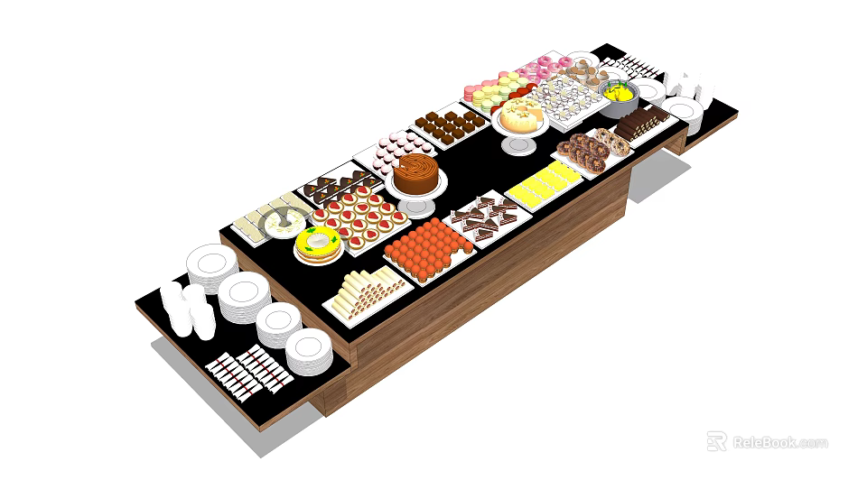 Elegant Dessert Table With Assorted Chocolates Cakes Candies And White Plates Cups 3d model