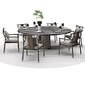 Round Dining Table Set With Six Chairs Tableware And Green Plant 3d model
