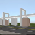 Modern School Entrance Building With White Arch Structures And Columns Front Road And Green Lawn