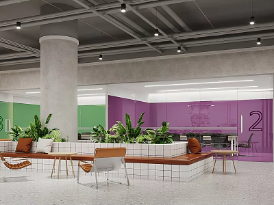 Modern Lounge Interior With Green Purple Walls Plants Sofa Bench And Tables 3d model