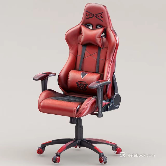 Red Leather Armchair With High Back Design Black Base And Rolling Wheels Support 3d model 