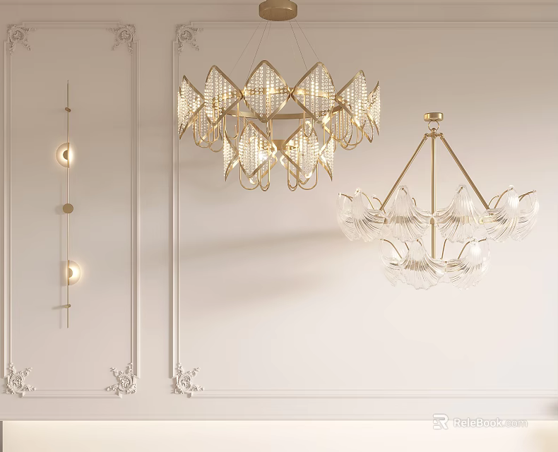 Elegant Modern Lighting Combination With Crystal Chandeliers And Glass Wall Lamps 3d model 