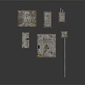 Rusty Metal Electrical Control Panels With Various Styles And Yellow Warning Signs