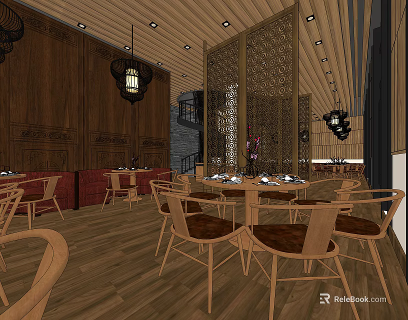 Modern Store Front Desk Interior Design With Wooden Decor And Pendant Lights 3d model 