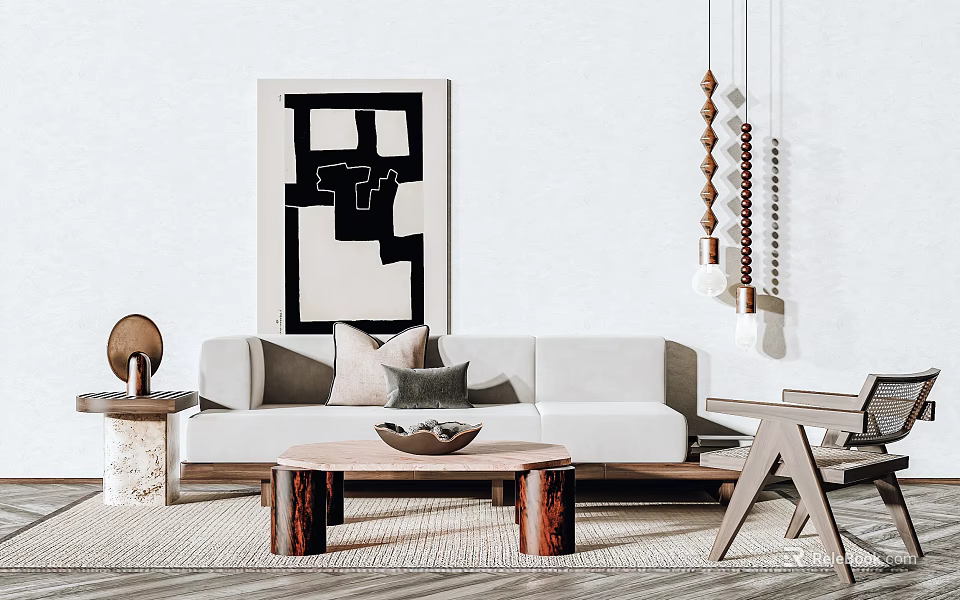 Modern Living Room Interior With Light Gray Sofa Coffee Table Set And Abstract Art 3d model 