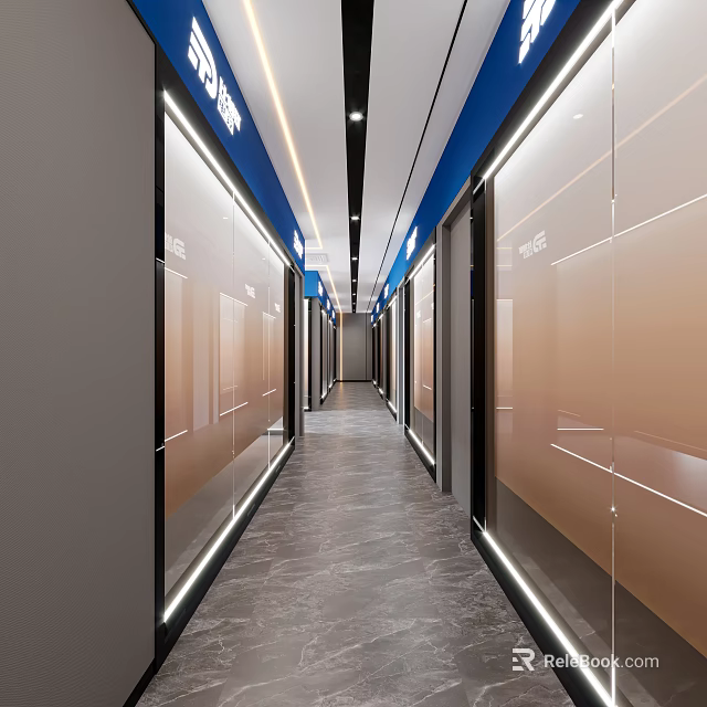 Modern Hotel Guest Room Corridor With Glass Doors Blue Ceiling And Gray Floor Tiles 3d model 
