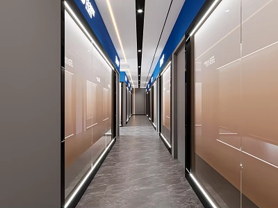 Modern Hotel Guest Room Corridor With Glass Doors Blue Ceiling And Gray Floor Tiles 3d model