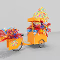 Vibrant Floral Display On Orange Tricycle Featuring Colorful Flower Arrangements And Firework Decor