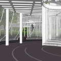 Outdoor Kids Playground Featuring White Wire Mesh Structure Slide Spherical Equipment And Trees
