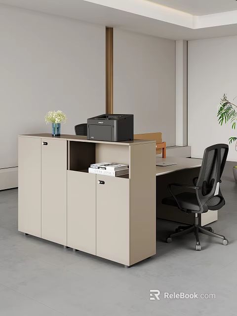 Modern Beige Bookcase With Printer Files Vase Flowers Office Desk Chair Plant 3d model 