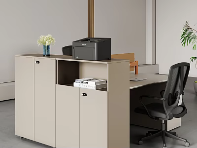 Modern Beige Bookcase With Printer Files Vase Flowers Office Desk Chair Plant 3d model