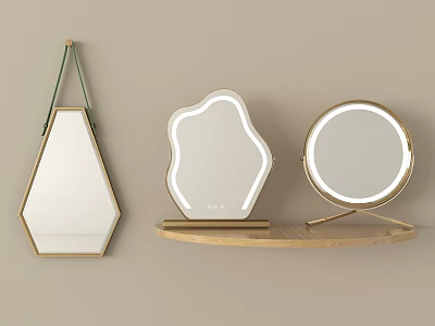 Modern Decorative Mirrors with LED Lights in Different Shapes on Wooden Shelf 3d model