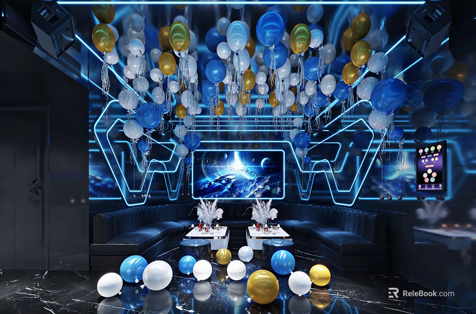 Modern KTV Interior Decor With Colorful Balloon Decorations Blue Lighting Large Screen And Marble Floor 3d model 