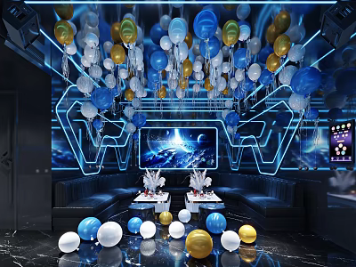 Modern KTV Interior Decor With Colorful Balloon Decorations Blue Lighting Large Screen And Marble Floor 3d model