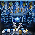 Modern KTV Interior Decor With Colorful Balloon Decorations Blue Lighting Large Screen And Marble Floor