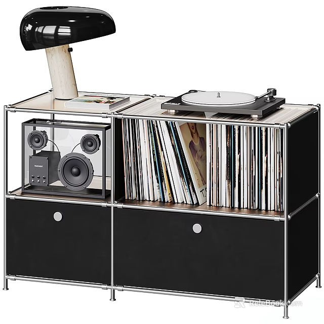 Modern Decorative Cabinet With Turntable Vinyl Records Speakers Metal Frame And Drawers 3d model 