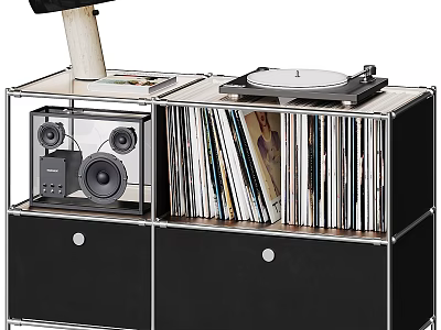 Modern Decorative Cabinet With Turntable Vinyl Records Speakers Metal Frame And Drawers 3d model