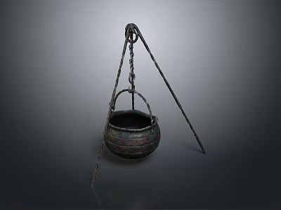 Traditional Hanging Metal Pot With Chain And Tripod Stand For Daily Use 3d model