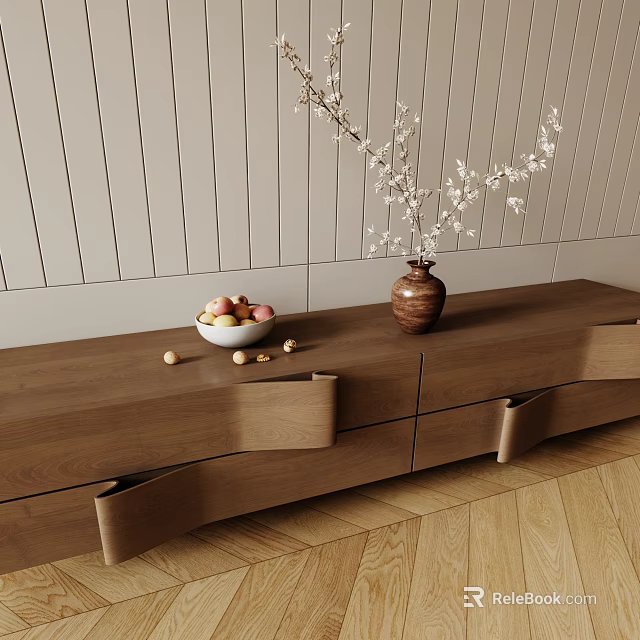 Minimalist Wooden TV Stand with Fruit Bowl and Vase of White Flowering Branches 3d model 