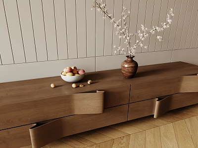 Minimalist Wooden TV Stand with Fruit Bowl and Vase of White Flowering Branches 3d model