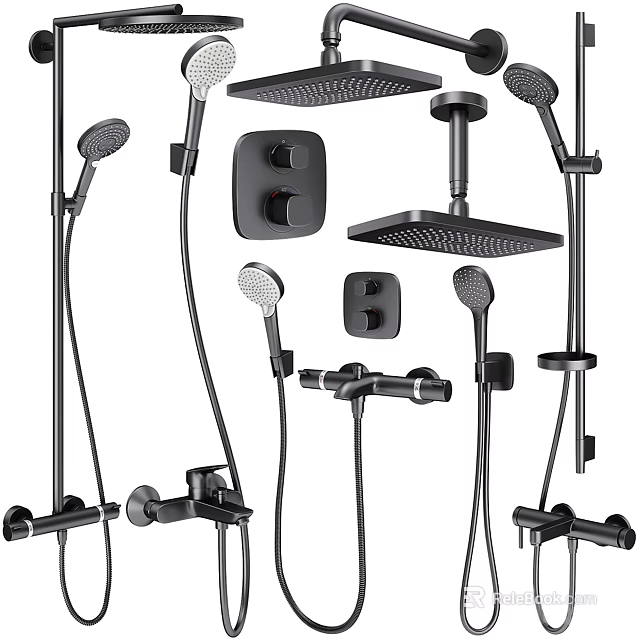 Black Modern Shower System With Handheld Rainfall Showerheads Control Knobs And Shower Arms 3d model 