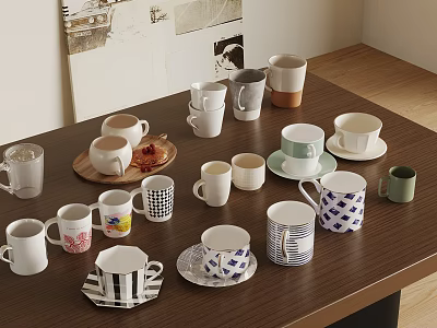 Assorted Colorful Patterned Ceramic Cups Displayed On Wooden Table Surface 3d model