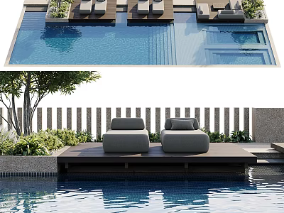 Modern Swimming Pool Area With Outdoor Lounge Seats And Green Landscaping 3d model