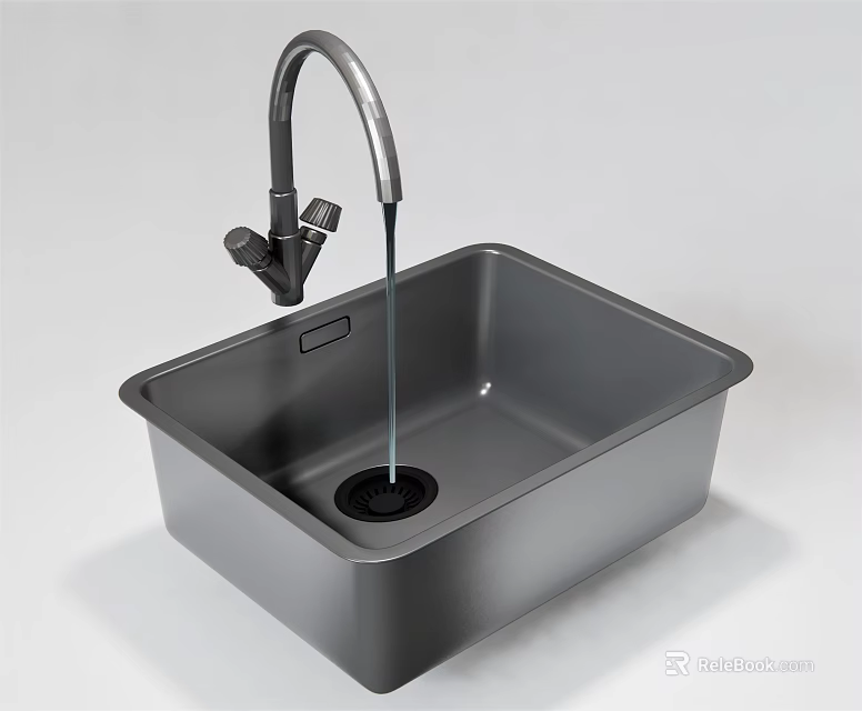 Dark Gray Square Shaped Kitchen Sink With Faucet And Water Flowing 3d model 