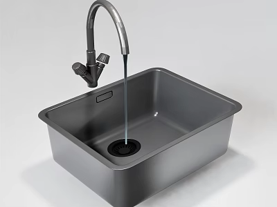 Dark Gray Square Shaped Kitchen Sink With Faucet And Water Flowing 3d model