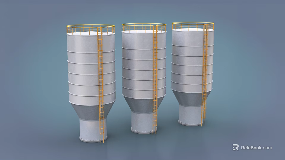 Three Industrial Storage Tanks Equipped with Silver Exterior Yellow Ladders and Safety Railings 3d model 