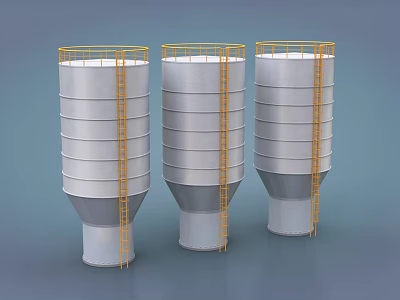 Three Industrial Storage Tanks Equipped with Silver Exterior Yellow Ladders and Safety Railings 3d model