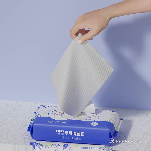 Hand Pulling Soft Textured Disposable Wipes From Cartoon Designed Pack For Daily Use 3d model