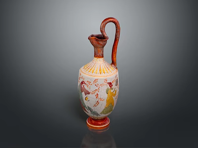 Traditional Sculpture Carving Painted Vase With Curved Handle And Human Figures 3d model