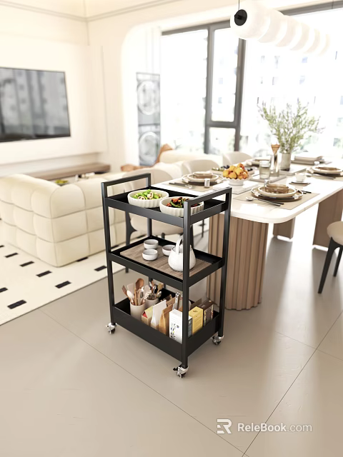 Modern Restaurant Interior Design With Open Dining Area Serving Cart Dishes And Fruits 3d model 