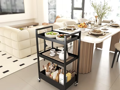 Modern Restaurant Interior Design With Open Dining Area Serving Cart Dishes And Fruits 3d model