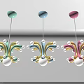 Colorful Modern Chandeliers With Green Blue Pink Ceiling Bases Golden Decorations And White Spherical Bulbs