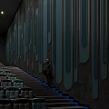 Modern Cinema Interior With Comfortable Blue Leather Seats And Decorative Wall Panels